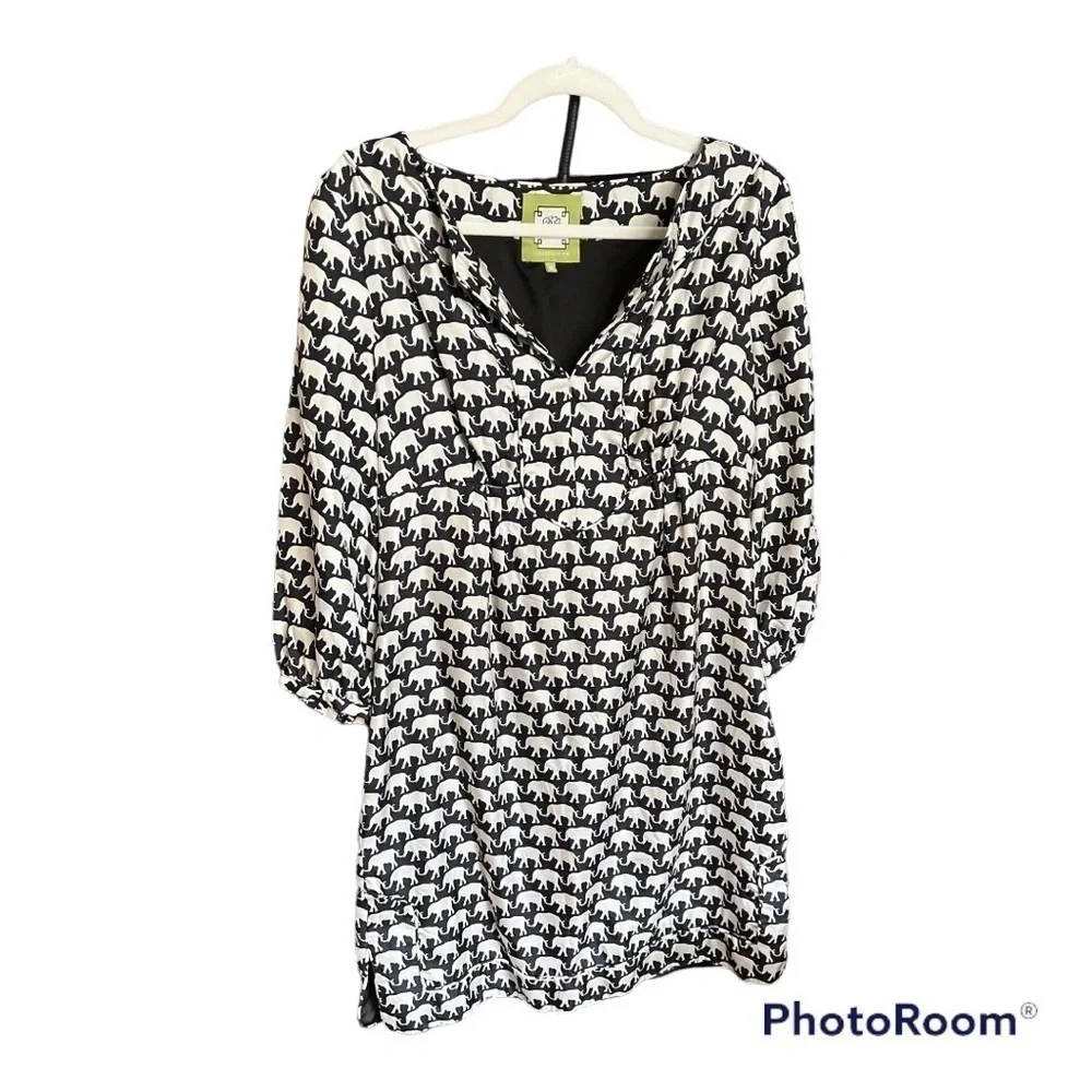 Elizabeth McKay SILK MARILOU DRESS black with white elephants size 8 tunic EUC - Picture 5 of 11
